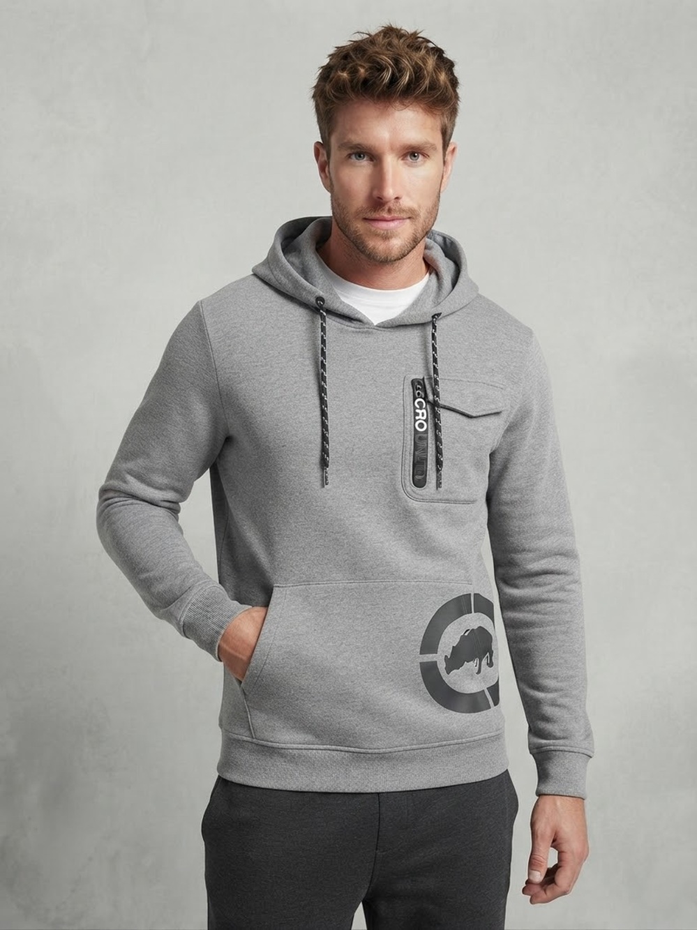Ecko Unlimited Gray Hooded Sweatshirt with Front Pocket and Graphic